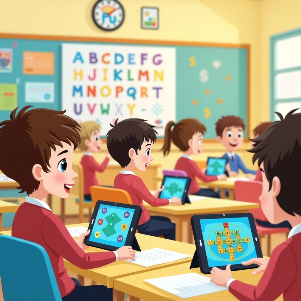 Students enjoying brain games on tablets during a classroom break using Focus Fun.