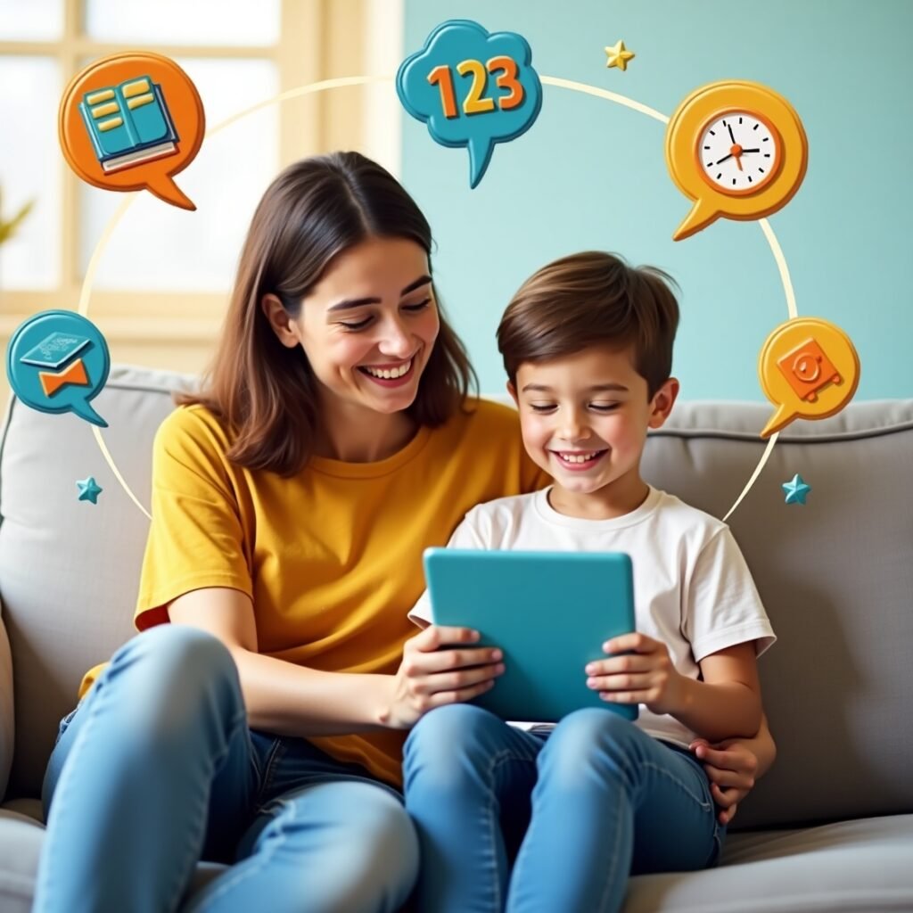 Happy mom and child using educational app together