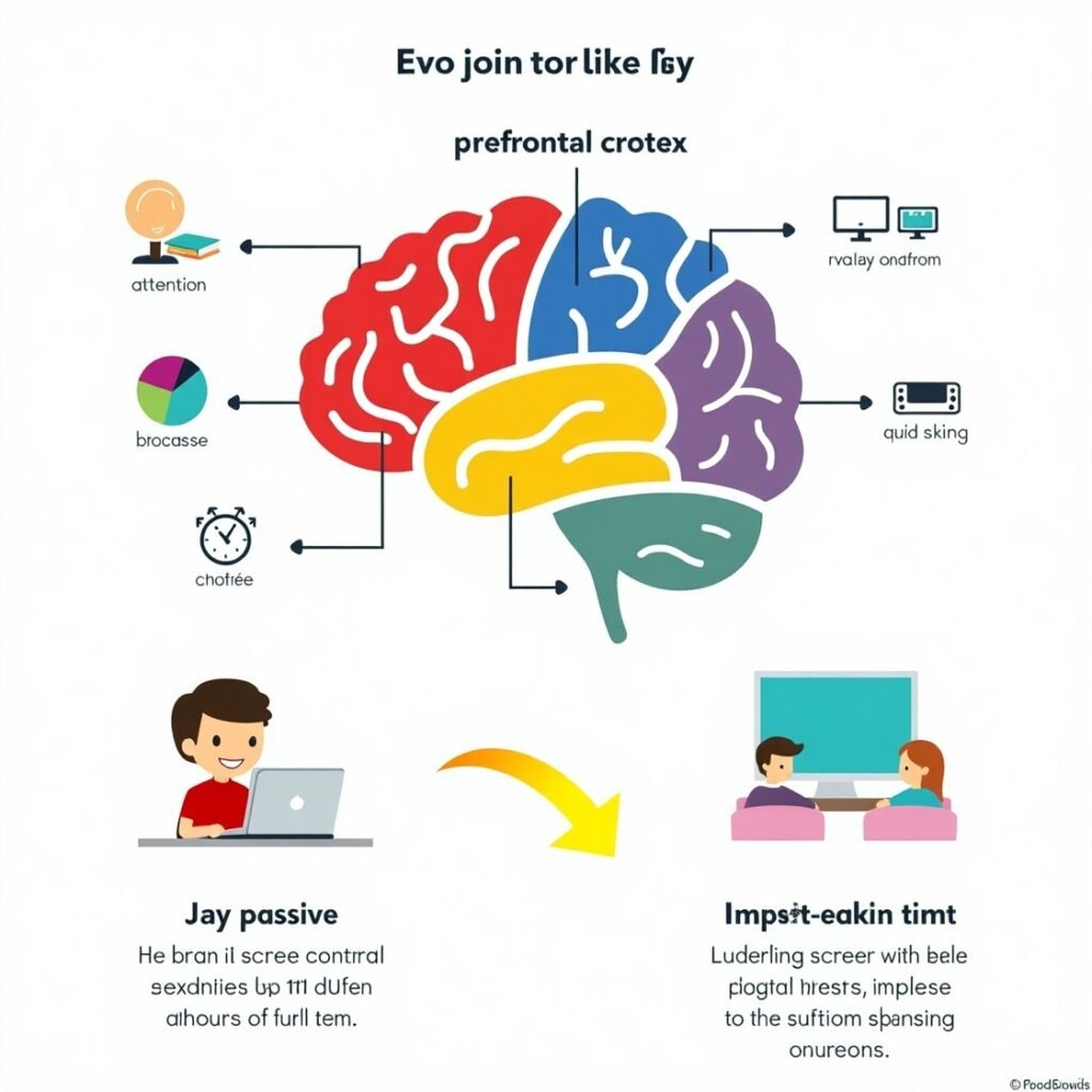 Infographic illustrating the parts of a child’s brain involved in attention and impulse control, explaining the impact of screen time.”