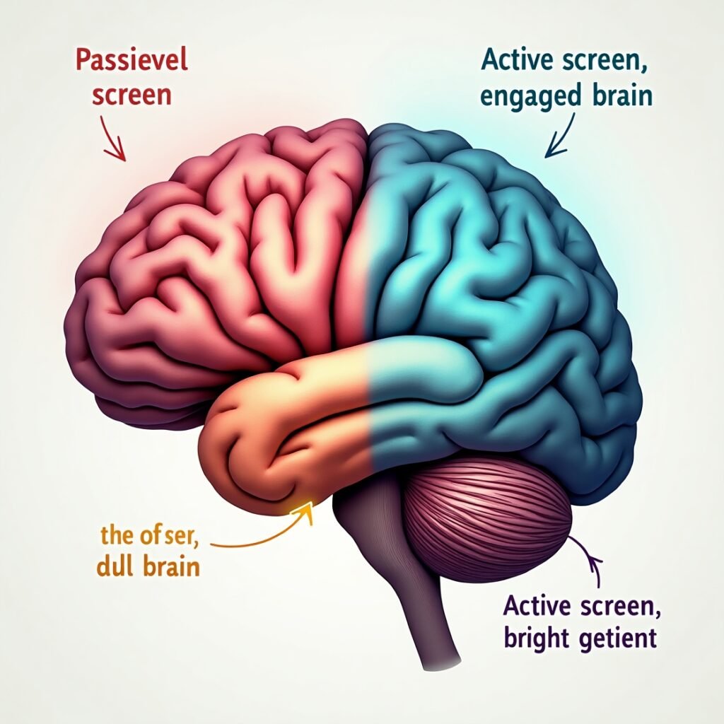 Child brain illustration showing impact of passive vs active screen use
