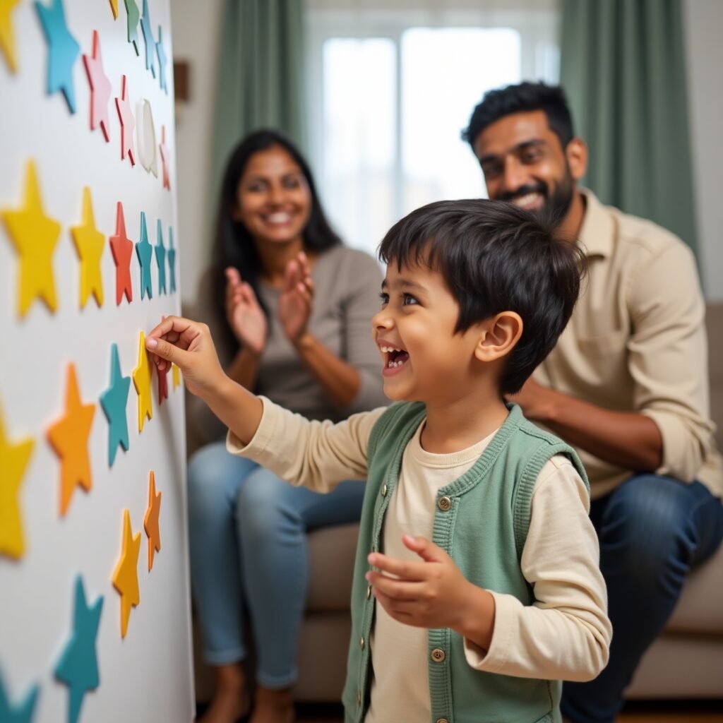 Child celebrating screen-free success with parents – Focus Fun family transformation story