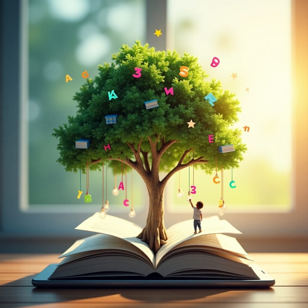 Tablet transforming into a book and a growing tree filled with symbols of learning