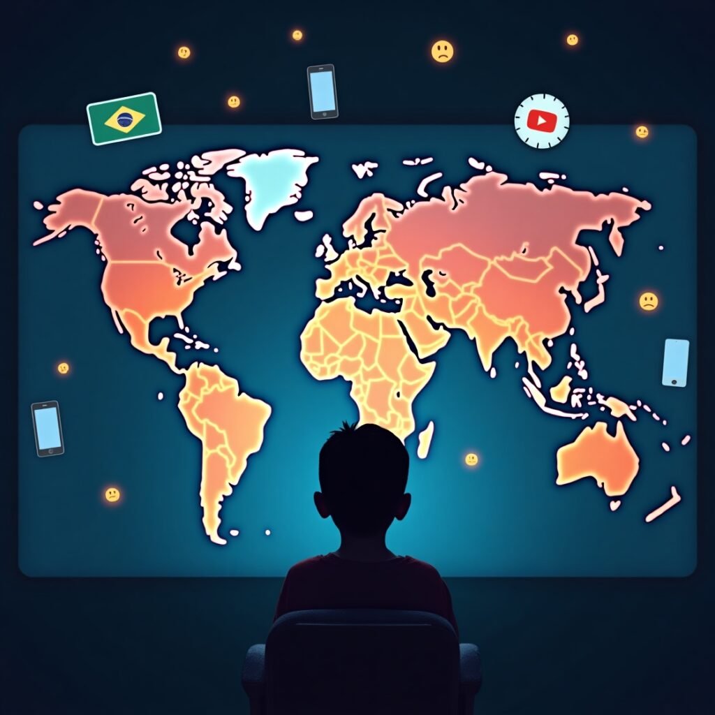 World map highlighting top worst screen time countries with digital device and time icons.