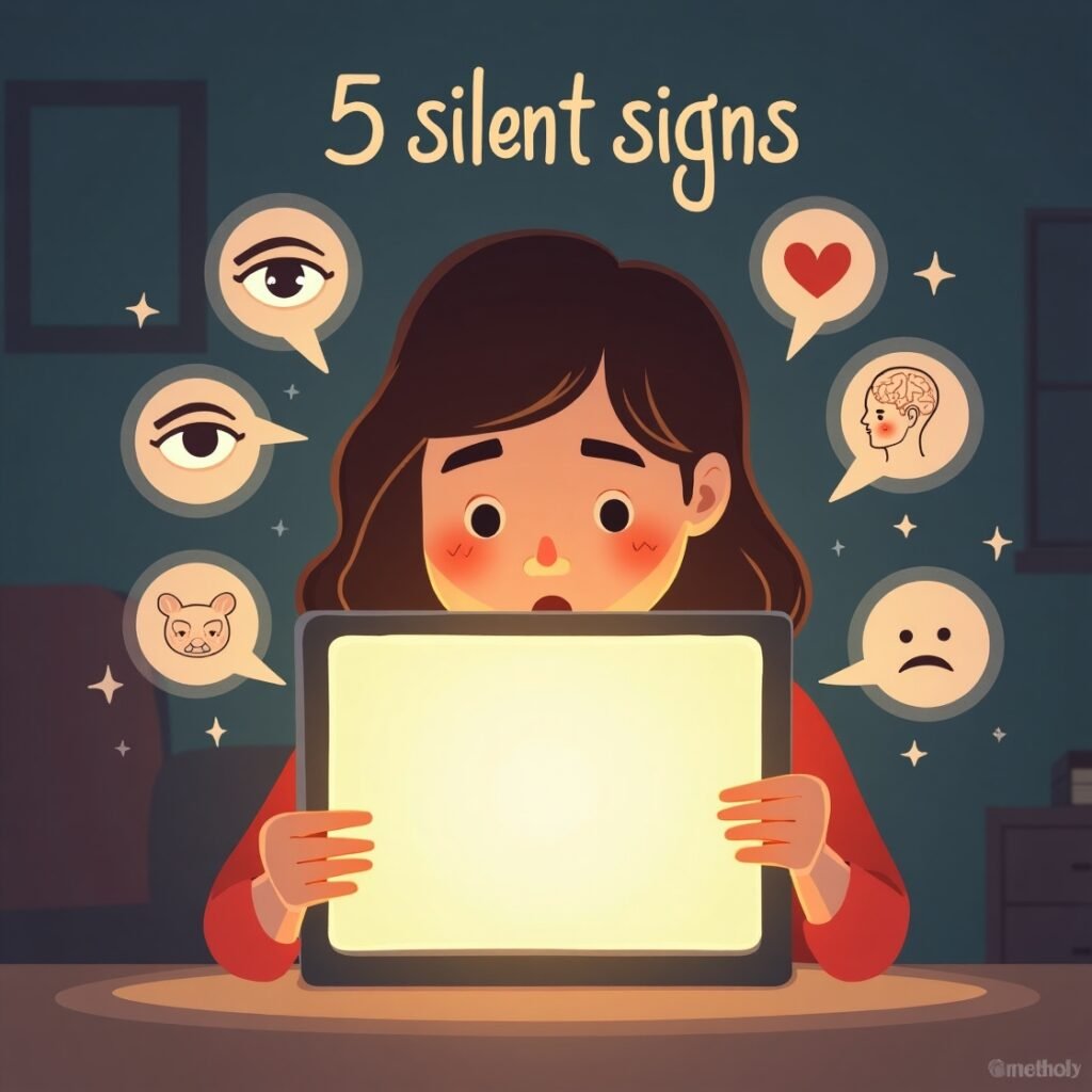 An illustration of a child overwhelmed by screen time, showing 5 subtle signs: tired eyes, irritability, poor posture, isolation, and lack of focus.
