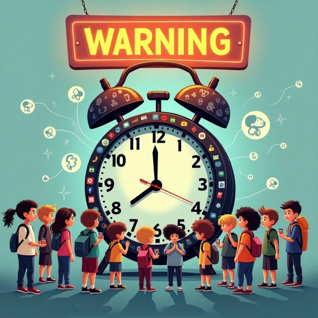 Clock made of smartphones showing screen time limit for children