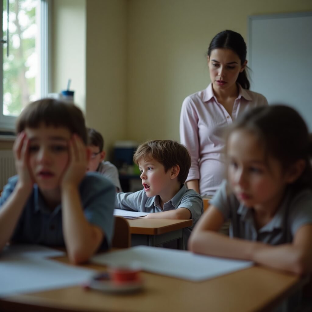A teacher observing distracted students in class before discovering Focus Fun.
