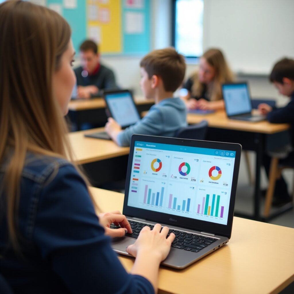 Teacher using FocusFun dashboard to support a screen-smart generation in class.