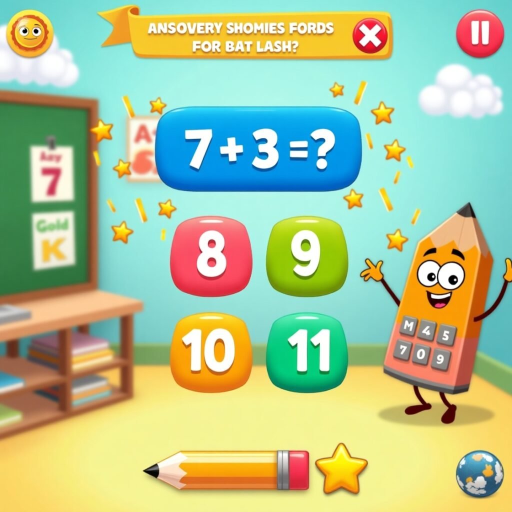 Colorful math learning game screen showing 7 plus 3 equation with four answer options and a smiling animated pencil character.