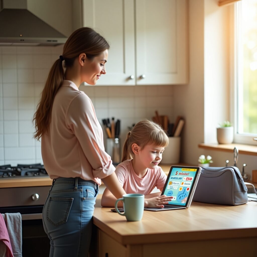 Working mom at kitchen counter while child uses Focus Fun with timer notification
