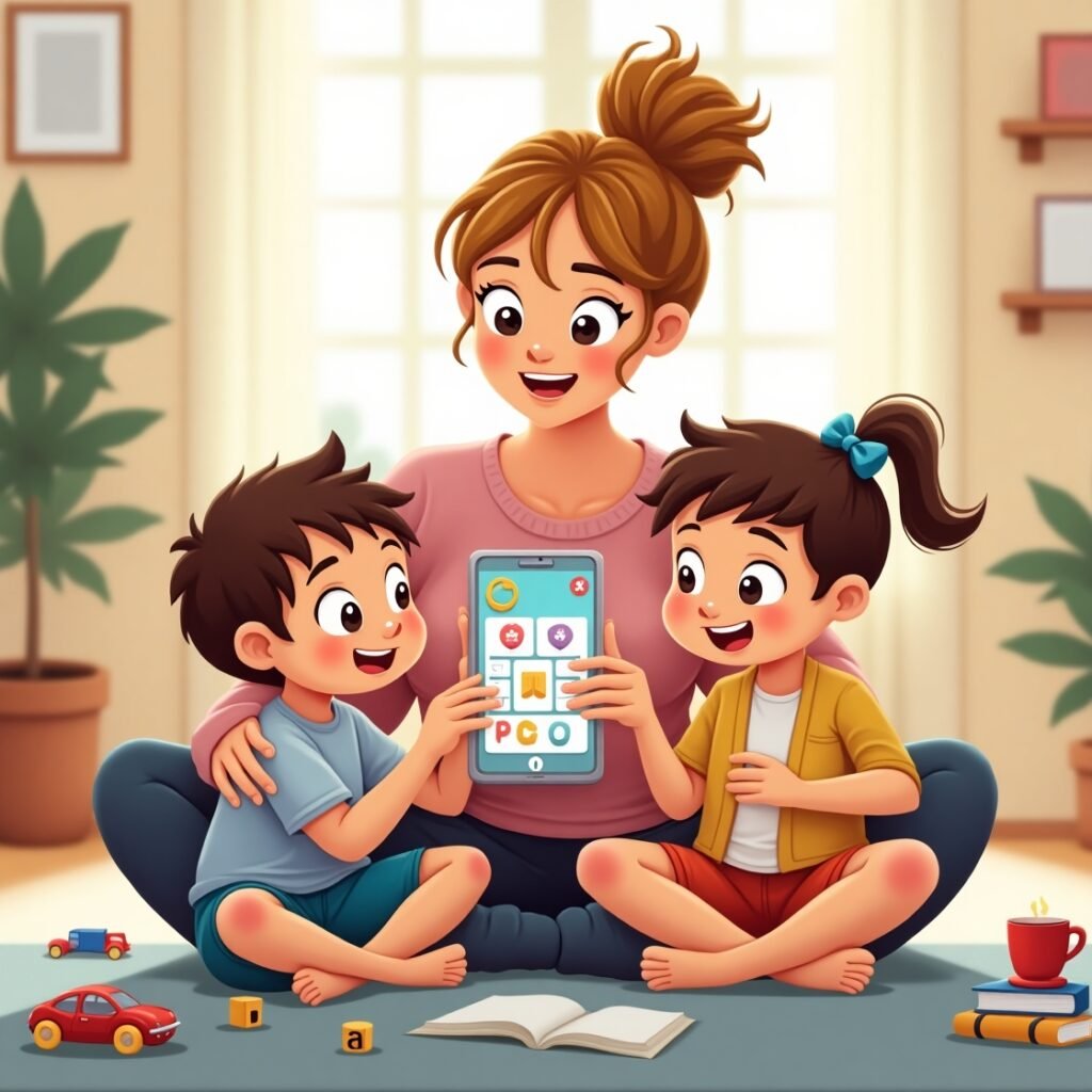 Mom discovering Focus Fun app with kids engaging in educational play