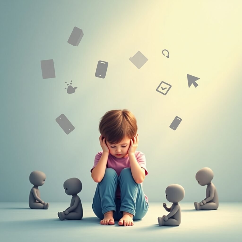 A sad child sits alone holding their head, surrounded by digital icons and emotionless figures, representing mobile addiction and emotional struggles.