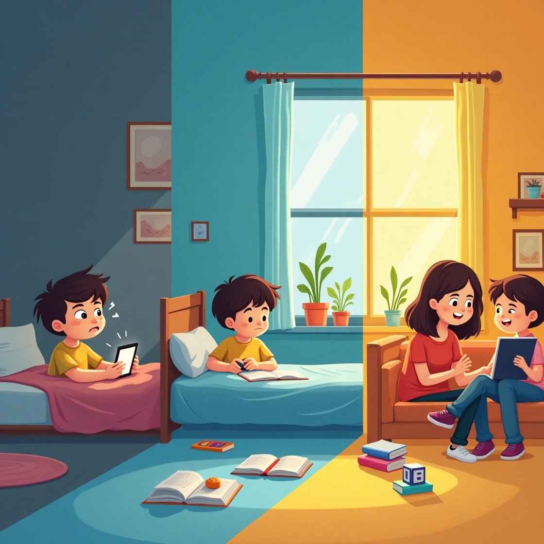 A child’s day transforming from screen addiction to focused learning with educational games and parent support.