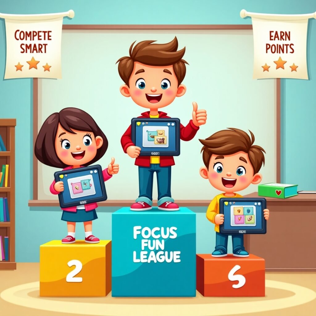 An engaging cartoon illustration of children winning in the Focus Fun League by completing brain-boosting puzzles and focus tasks, promoting smart screen use through fun competition.