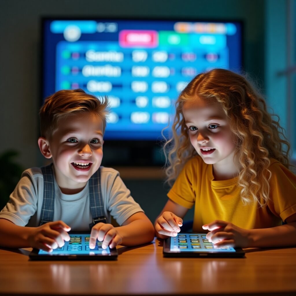 Students playing focus-based games on tablets with a leaderboard in the background.