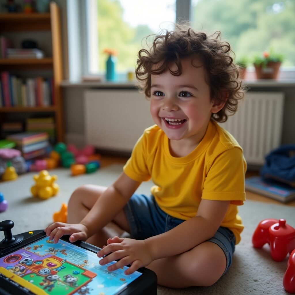 Boy playing a picture game on a tablet with focused expression at home.