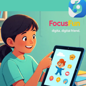 Child using FocusFun educational app on tablet during screen time, smiling and engaged.