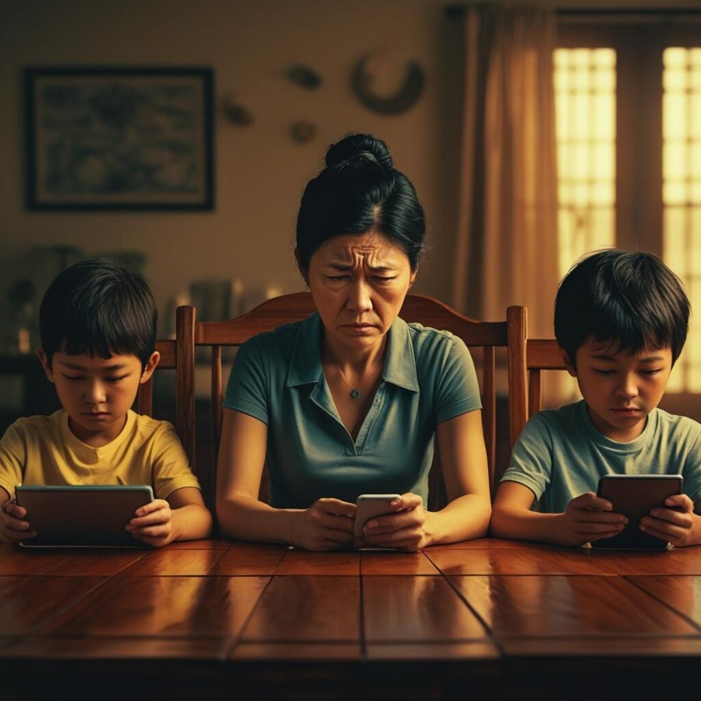 “Mother feeling isolated while family is absorbed in digital devices.”
