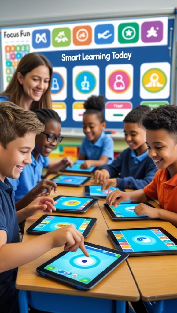 Students using Focus Fun for structured digital learning with teacher support
