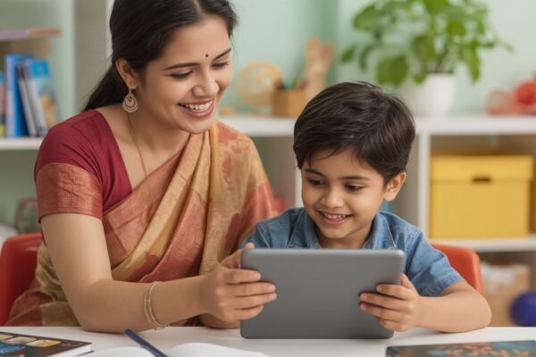 "Indian mother smiling with her child using a tablet at home, surrounded by books – promoting healthy screen time. "Indian mother smiling with her child using a tablet at home, surrounded by books – promoting healthy screen time.