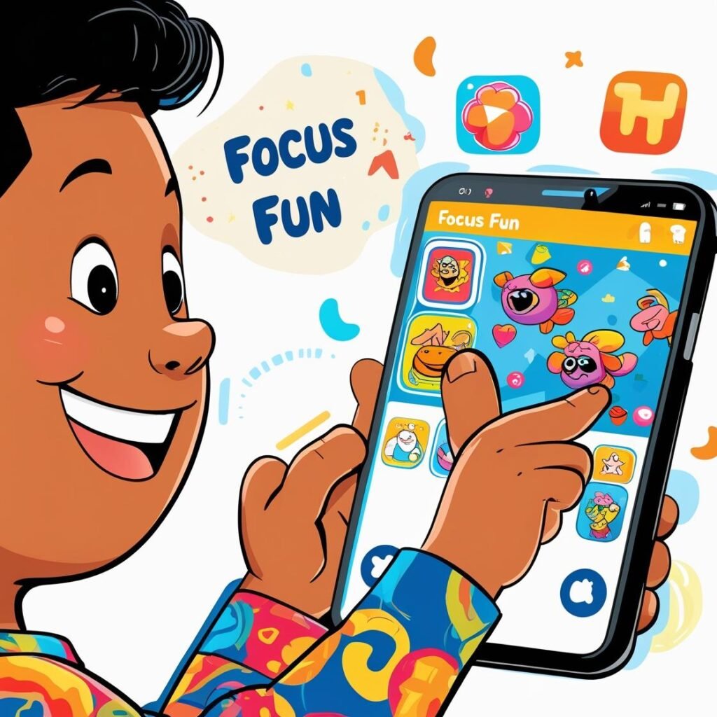 “Focus Fun app home screen with a child exploring learning games