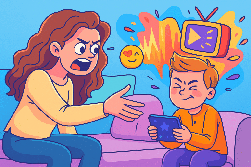 Child ignoring parent while absorbed in fast-paced screen content