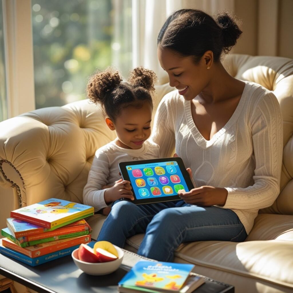 Mother guiding healthy screen use with educational content in a warm home setting.