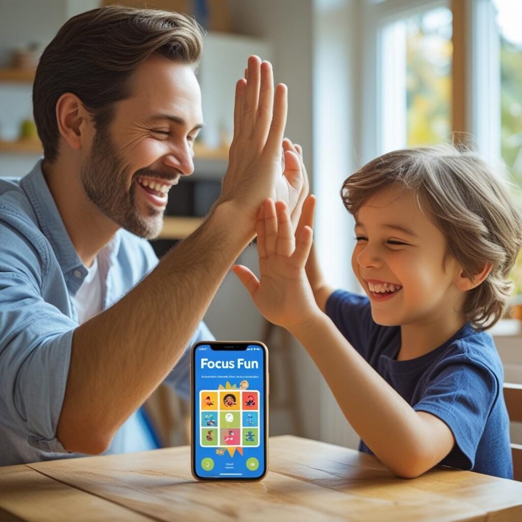 Parent and child giving high five next to a smartphone on table displaying a colorful screen time app named Focus Fun, happy expressions, casual home scene, success moment”
