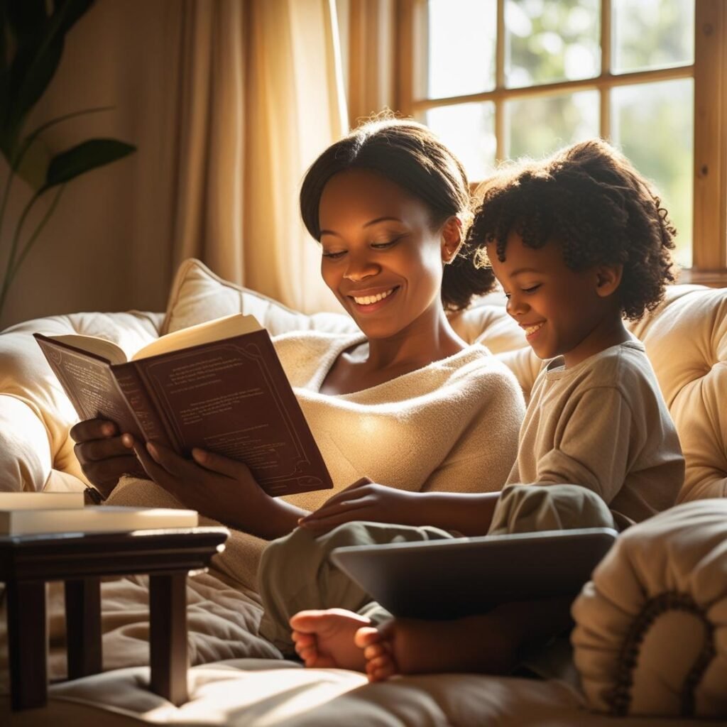 Mother and child bonding over a book, embracing healthy family digital habits by replacing screen time with reading