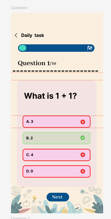 Child-friendly math quiz screen from an educational app showing a multiple-choice question and correct answer, designed to make screen time smarter for kids.