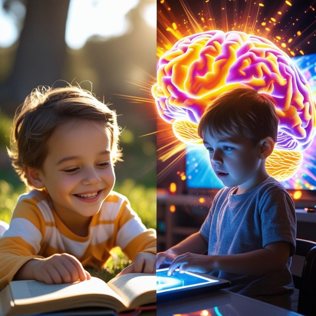 Colorful split image of a child’s brain – healthy activity vs. digital overload