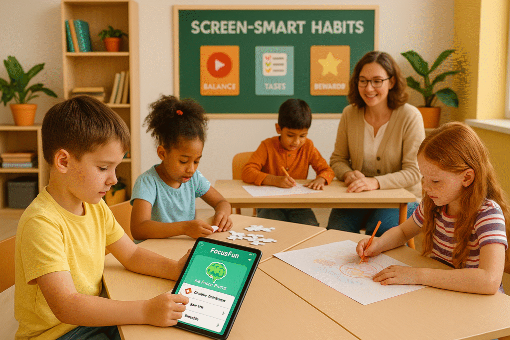 Children developing screen-smart habits using FocusFun in a supervised classroom.