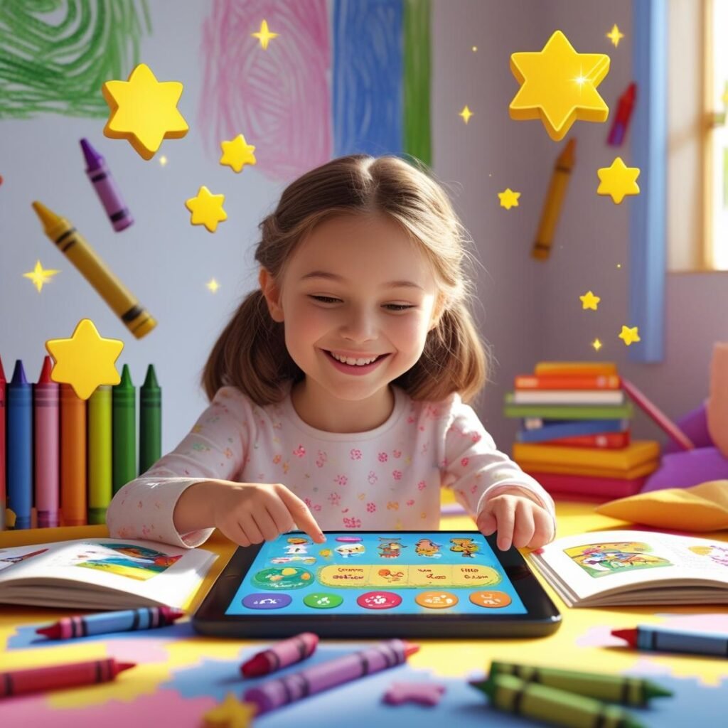 Child using Focus Fun app with playful offline learning tools – healthy screen time habits