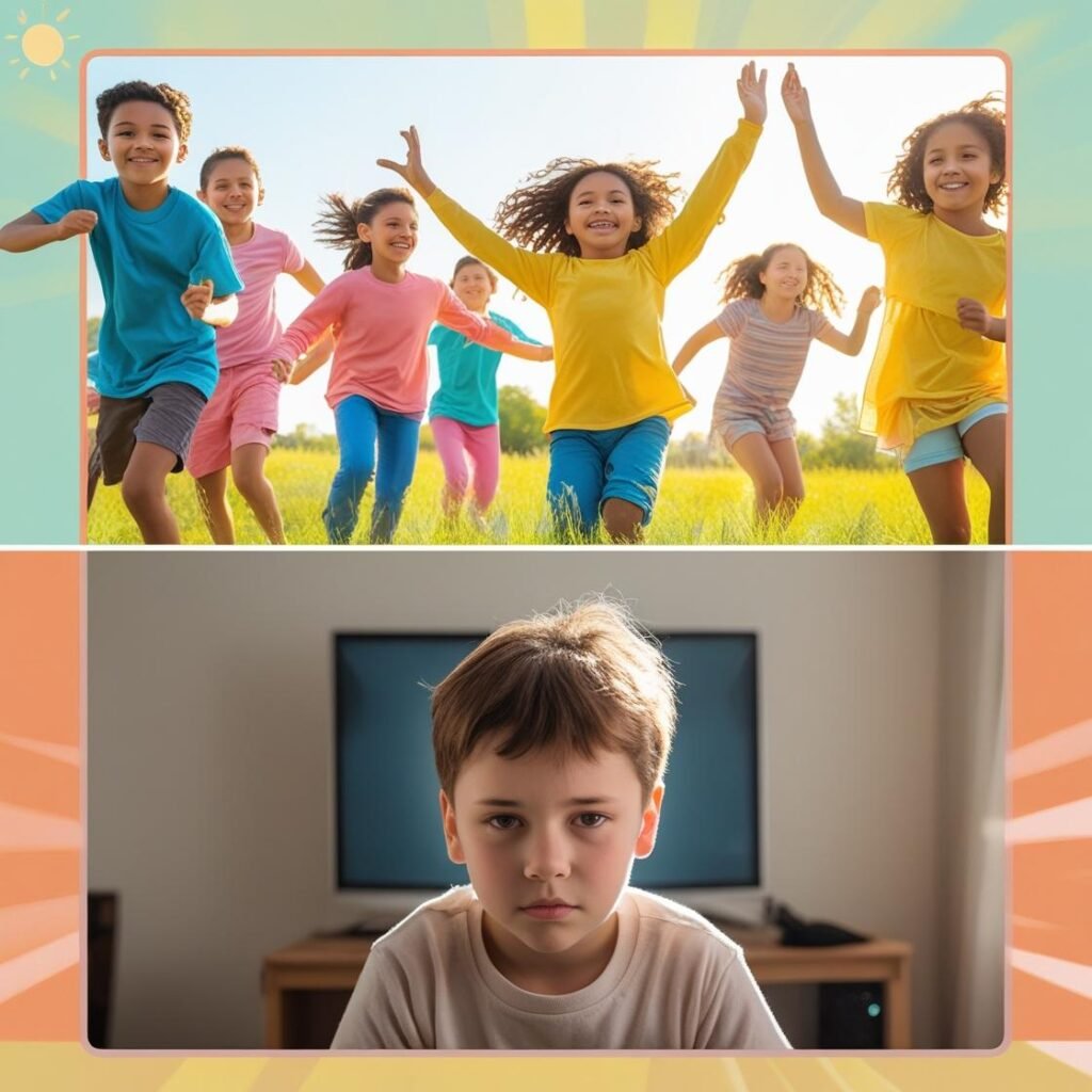 “Comparison image showing child outdoors with friends vs. alone indoors on a screen.”