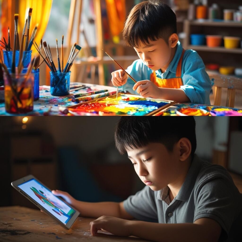 Visual comparison of child’s brain engagement before and after screen overuse.