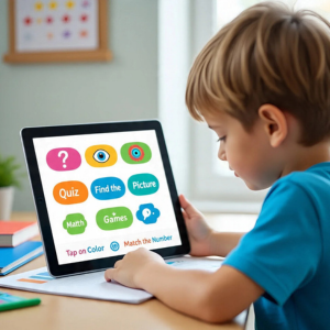 A young child chooses learning subjects on a tablet screen showing fun icons for math, vocabulary, logic games, and creativity, representing personalized subject preferences in the FocusFun app. A young child chooses learning subjects on a tablet screen showing fun icons for math, vocabulary, logic games, and creativity, representing personalized subject preferences in the FocusFun app.