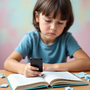 Child distracted by mobile phone while studying, showing signs of child behavioral issues due to mobile dependency.