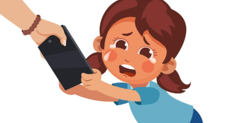 Illustration of a crying child tightly holding a smartphone while an adult hand tries to take it away, symbolizing mobile phone addiction and emotional dependence in children.