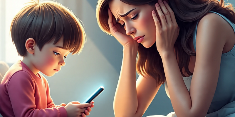 Stressed mother watching child absorbed in phone – child behavioral issue due to mobile overuse