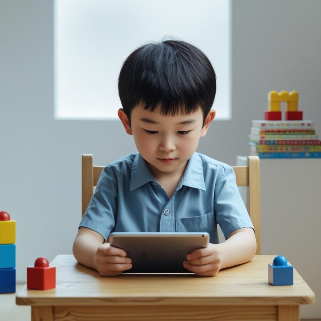 “Child using a tablet independently in a safe, engaging home environment”