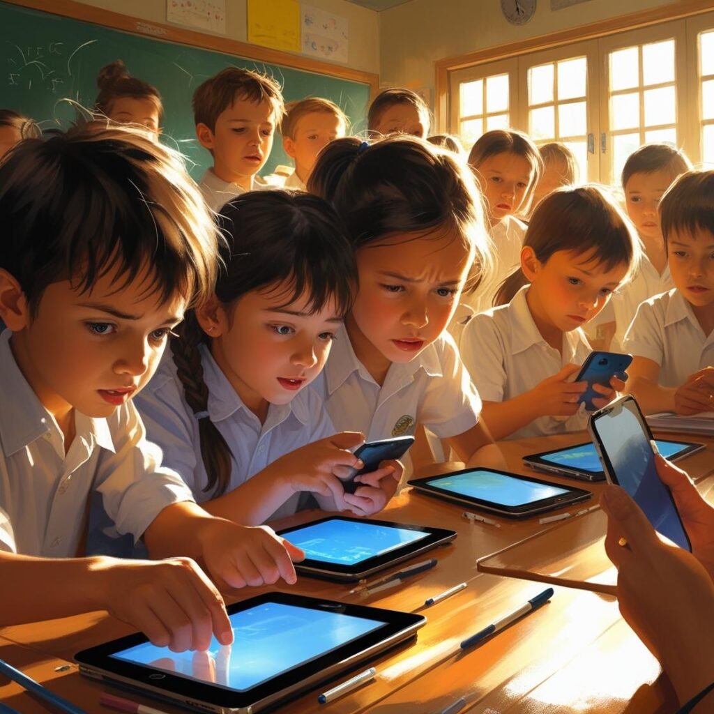 Students distracted by screens while teacher tries to engage