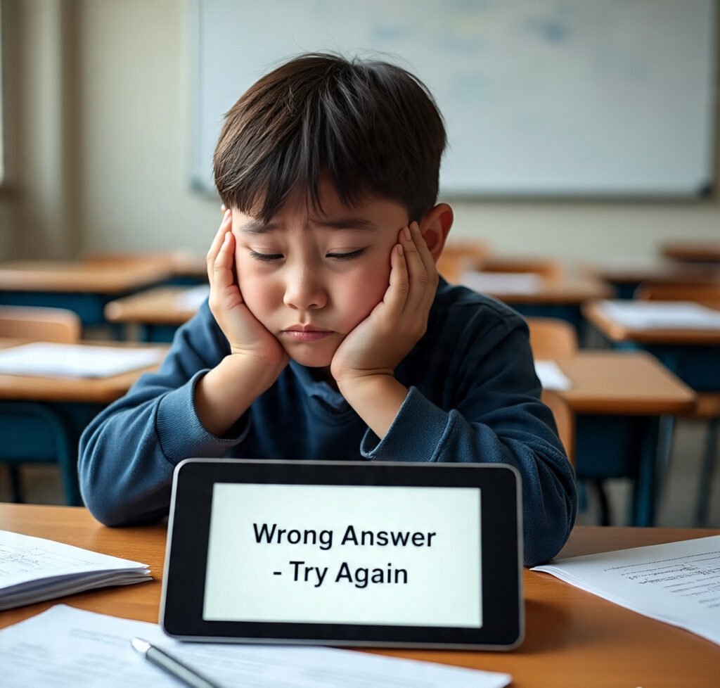 Young learner feeling frustrated after failing an image quiz in the game