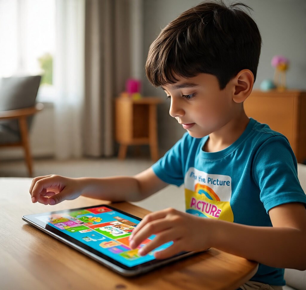 Boy playing a picture game on a tablet with focused expression at home.