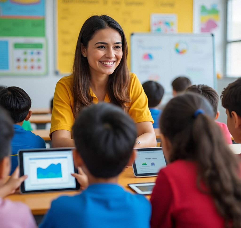 A smiling teacher looks on as students quietly use educational apps in class, with a FocusFun progress report open on the teacher’s tablet.