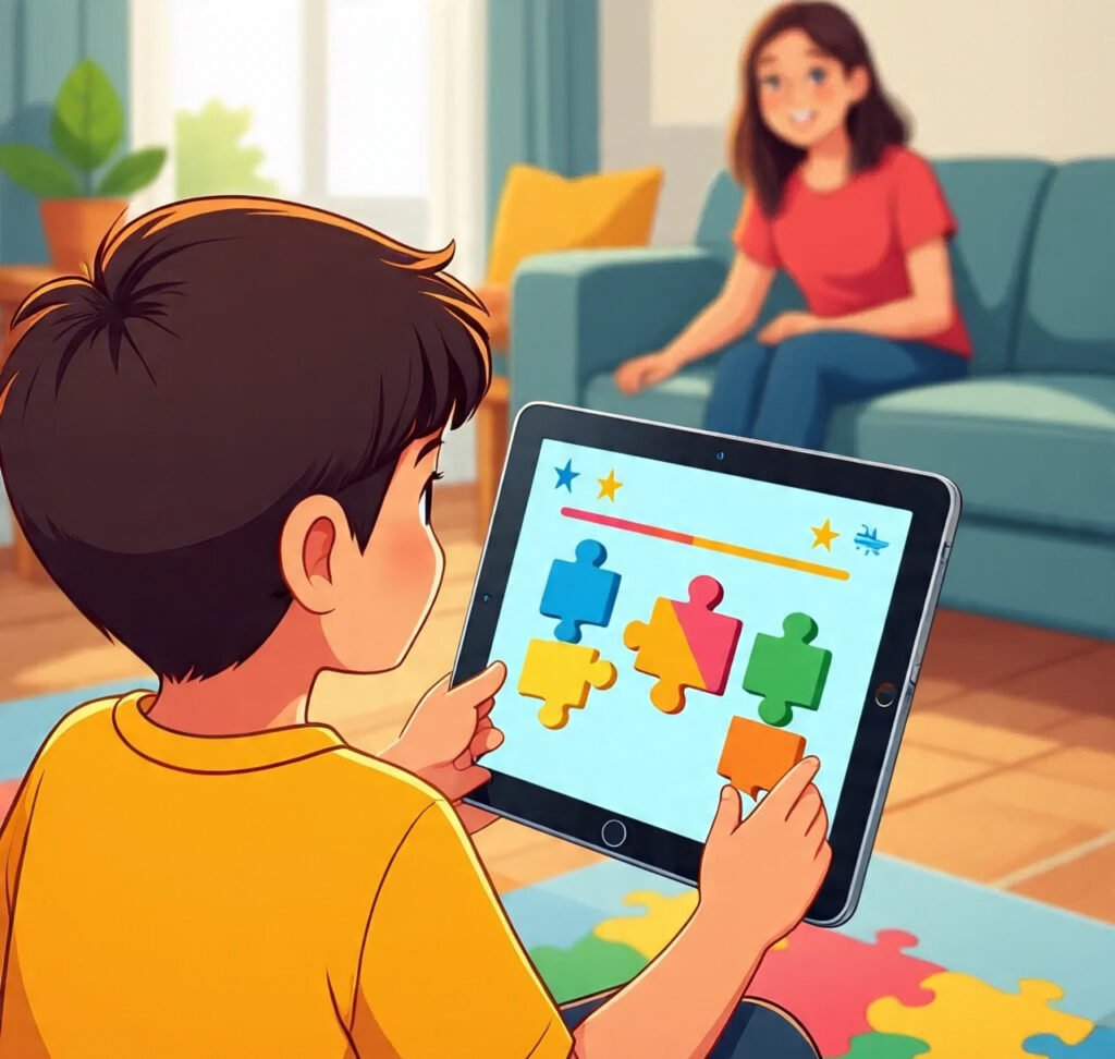 Child choosing educational game on tablet while parent smiles proudly.