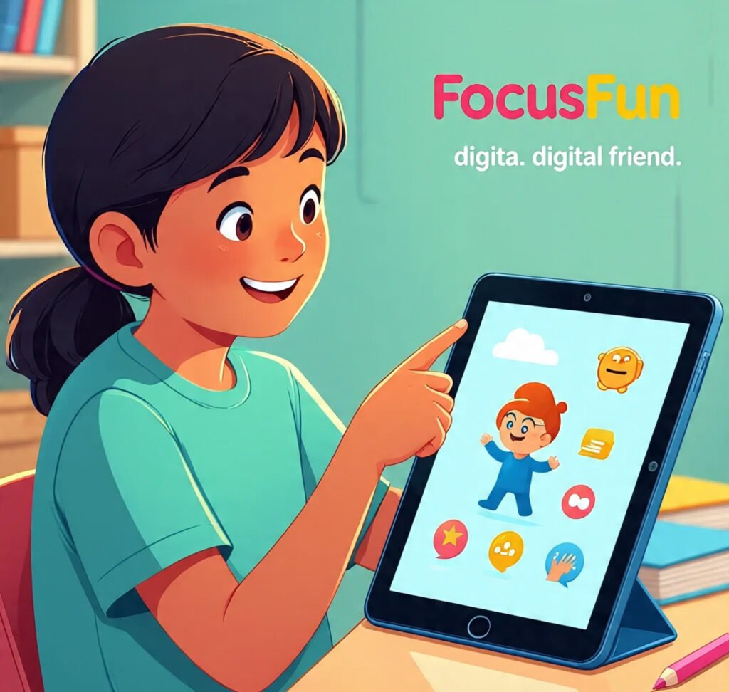 A smiling child interacts with a tablet showing a friendly animated learning app designed to teach through fun.