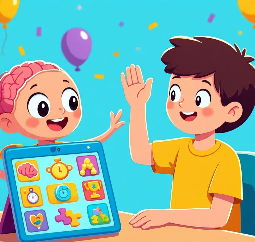 A happy child high-fiving a smiling tablet, representing Focus Fun as a virtual buddy.