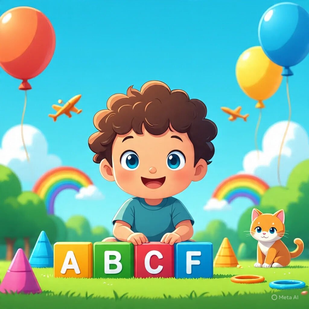 Cartoon boy stacking colorful ABC blocks in a park with toys and a kitten nearby.