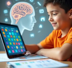 a_child_8_10_years_old_sitting_at A focused child solving math quizzes with a glowing brain graphic showing active thinking.