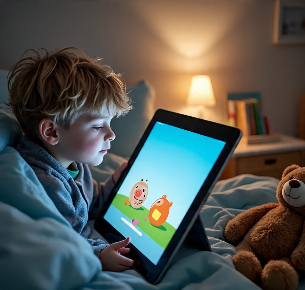 Child playing a calming bedtime game on a tablet with dim lighting.