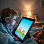 Child playing a calming bedtime game on a tablet with dim lighting.
